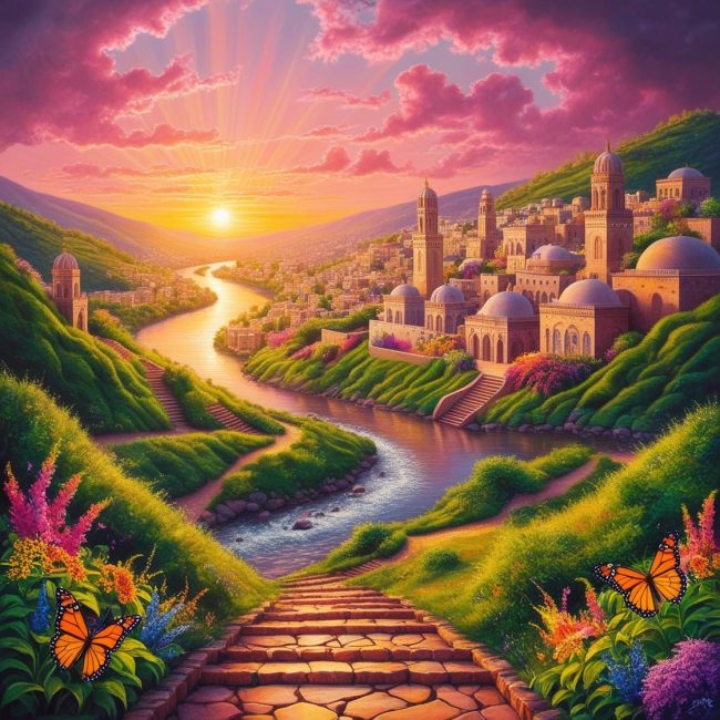 An enchanting sunset over a vibrant cityscape nestled among lush green hills, with a path of stone steps leading down to a winding river. The sun sets in the distance with warm golden and orange hues,